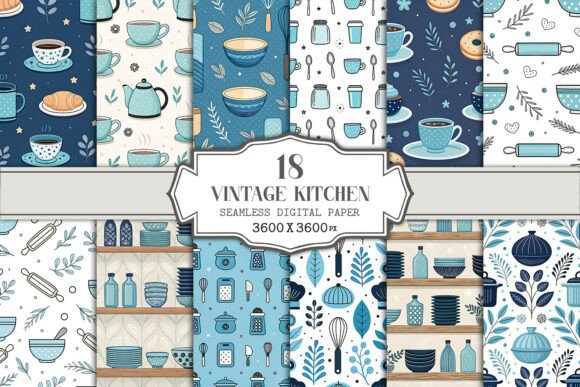 Bringing Retro Charm to Life with a Vintage Blue Kitchen Seamless Pattern