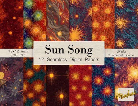 Ignite Your Designs with 12 Seamless Warm Celestial Solar Sun Patterns