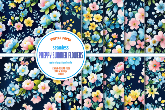 Seamless Preppy Summer Flowers Bundle: 12 Patterns